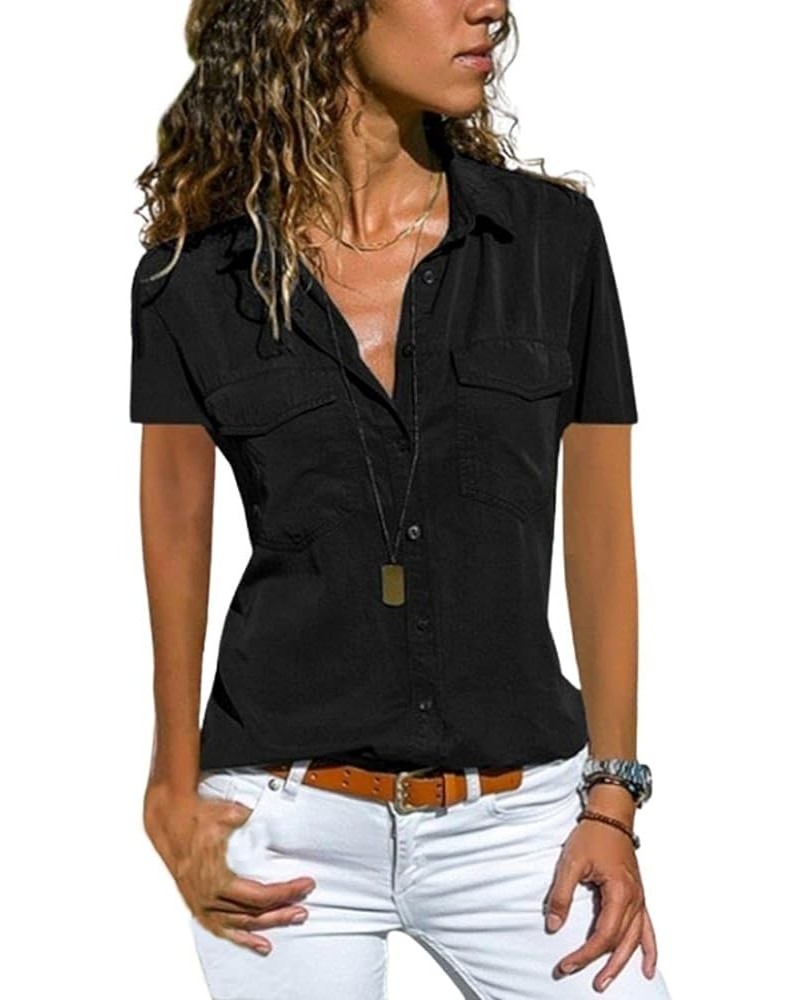 Kwoki Women's Short Sleeve Button Front Shirts Casual Loose Fit Lapel Collar Blouse Tops Black $10.00 Blouses